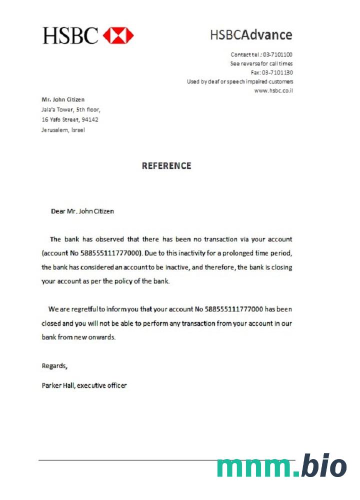 Przykład referencyjny zamknięcia izraelskiego banku HSBC w formatach Word i PDF